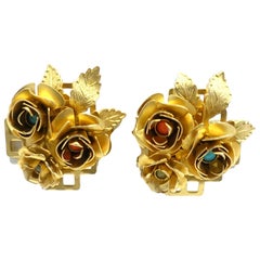 Vintage Faux Coral 
Turquoise Floral Design Earrings