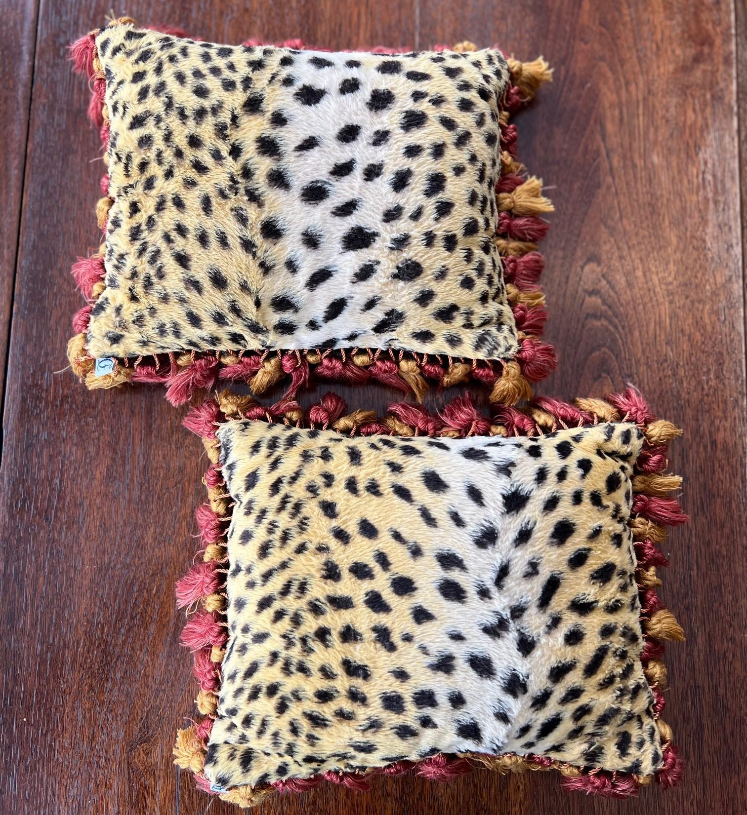Cotton Vintage Faux Fur Cheetah and Black Velvet Boudoir Pillow With Tassel Trim