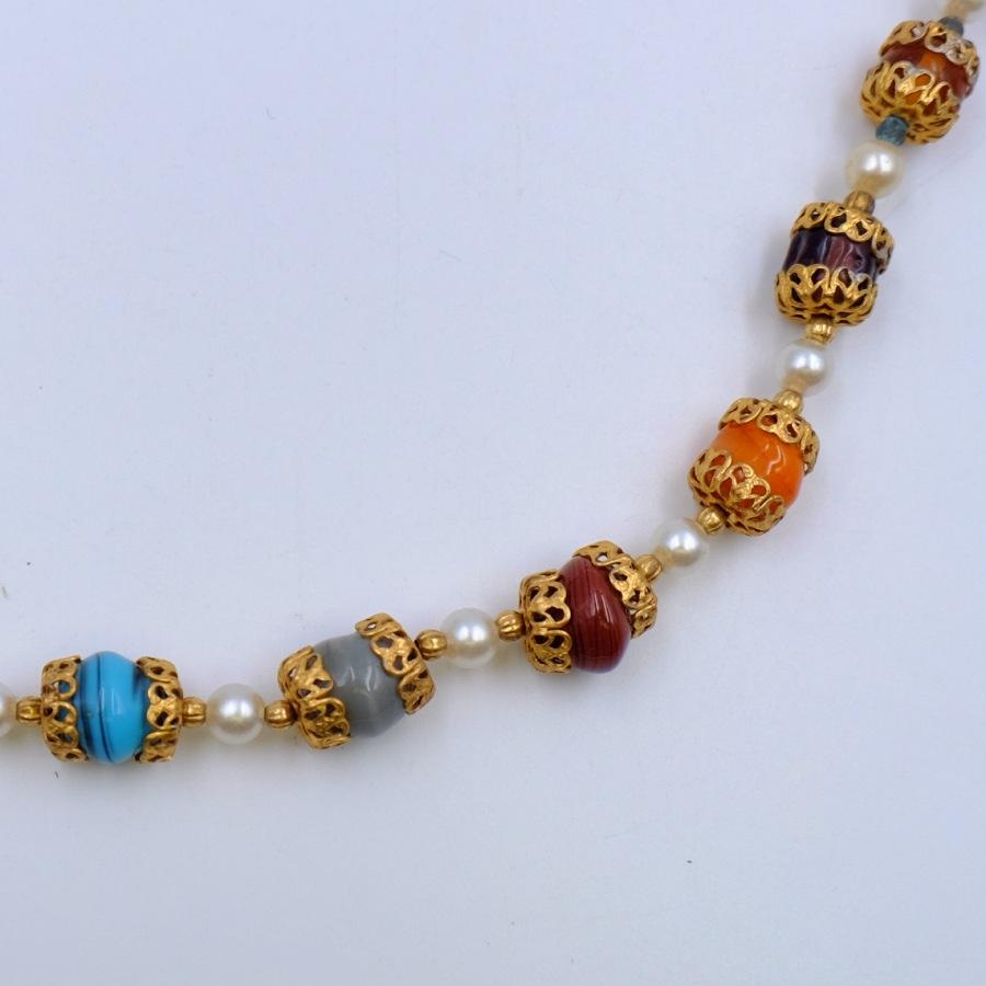 Vintage Faux Gemstones Pearl Sotuar Multicolor Necklace 1