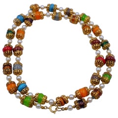 Vintage Faux Gemstones Pearl Sotuar Multicolor Necklace