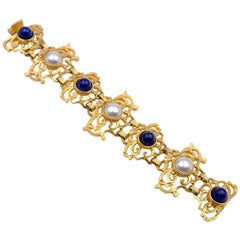 Vintage Faux Lapis Pearl French Bracelet Marked 1980s