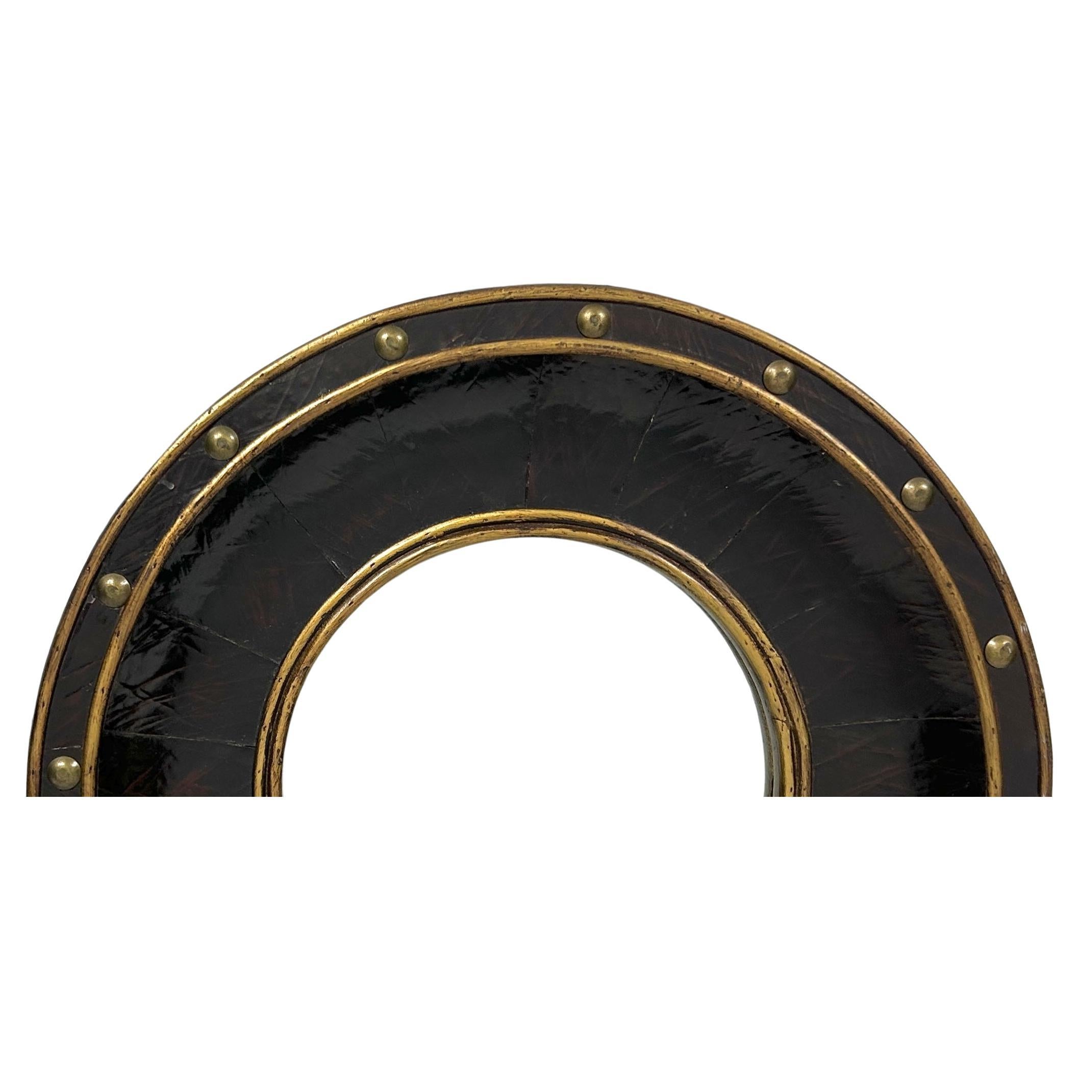 Modern Vintage Faux Leather Round bullseye Mirror With Brass Studs For Sale