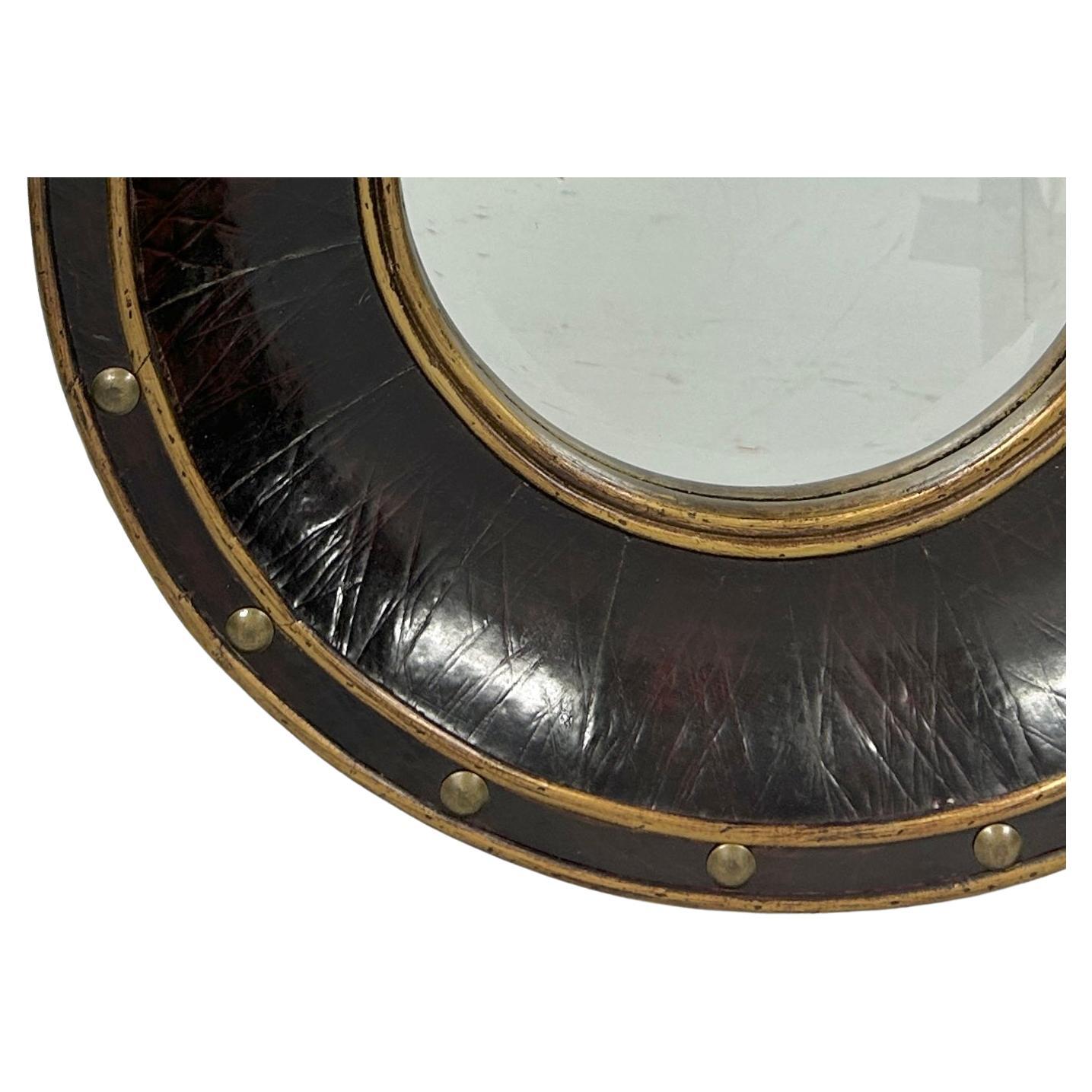 American Vintage Faux Leather Round bullseye Mirror With Brass Studs For Sale