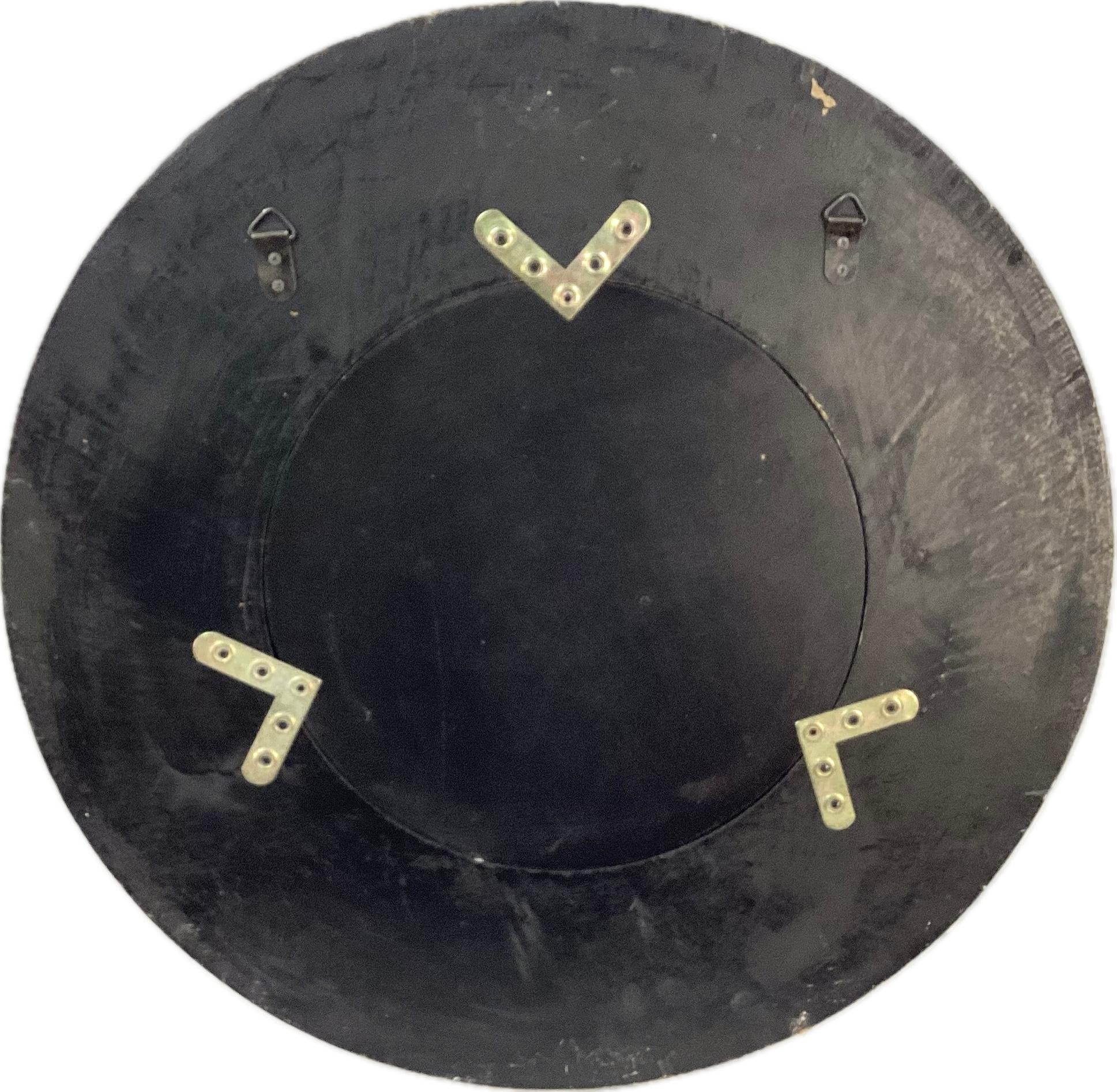 Vintage Faux Leather Round bullseye Mirror With Brass Studs In Good Condition For Sale In Bradenton, FL