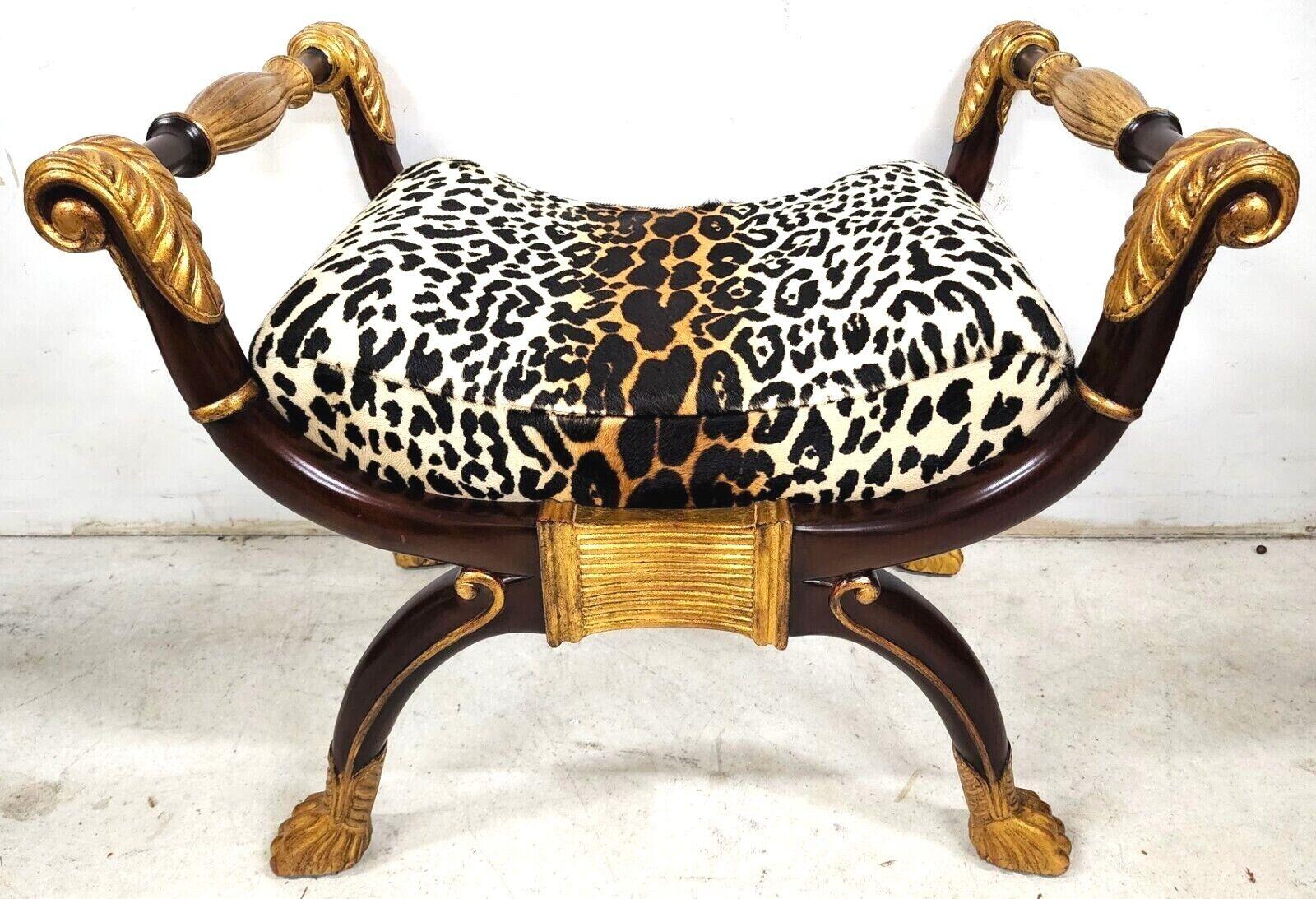 Offering one of our recent palm beach estate fine furniture acquisitions of a
Vintage French Neoclassical Faux leopard gilded bench by Maitland Smith
Fabric is very plush and soft.

Approximate measurements in inches
26