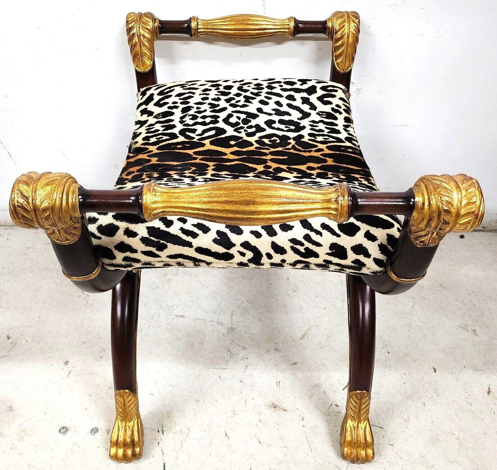 Mahogany Vintage Faux Leopard Gilded Bench by Maitland Smith