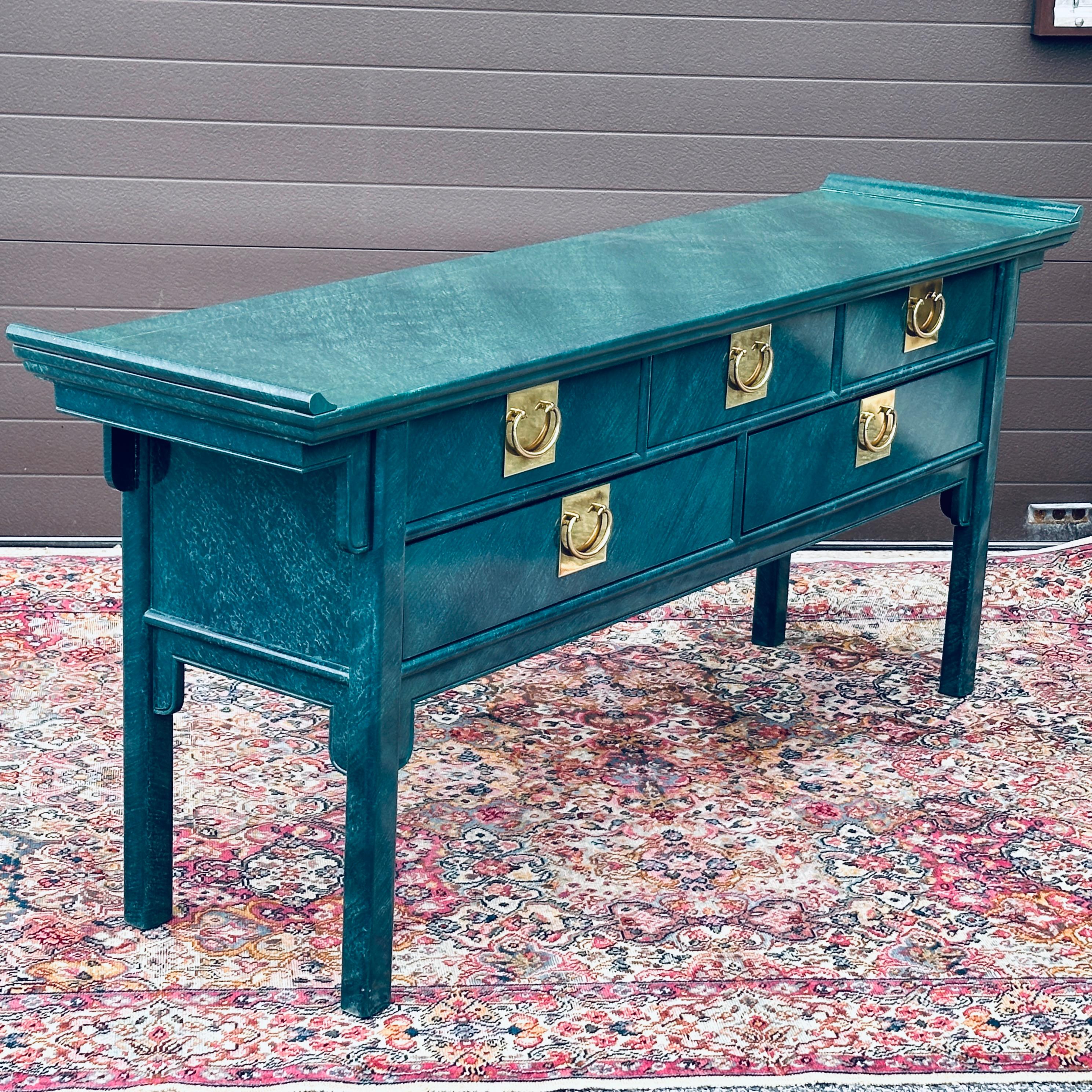 Vintage Faux Malachite Asian Pagoda Console Table With Mirror Set For Sale 4