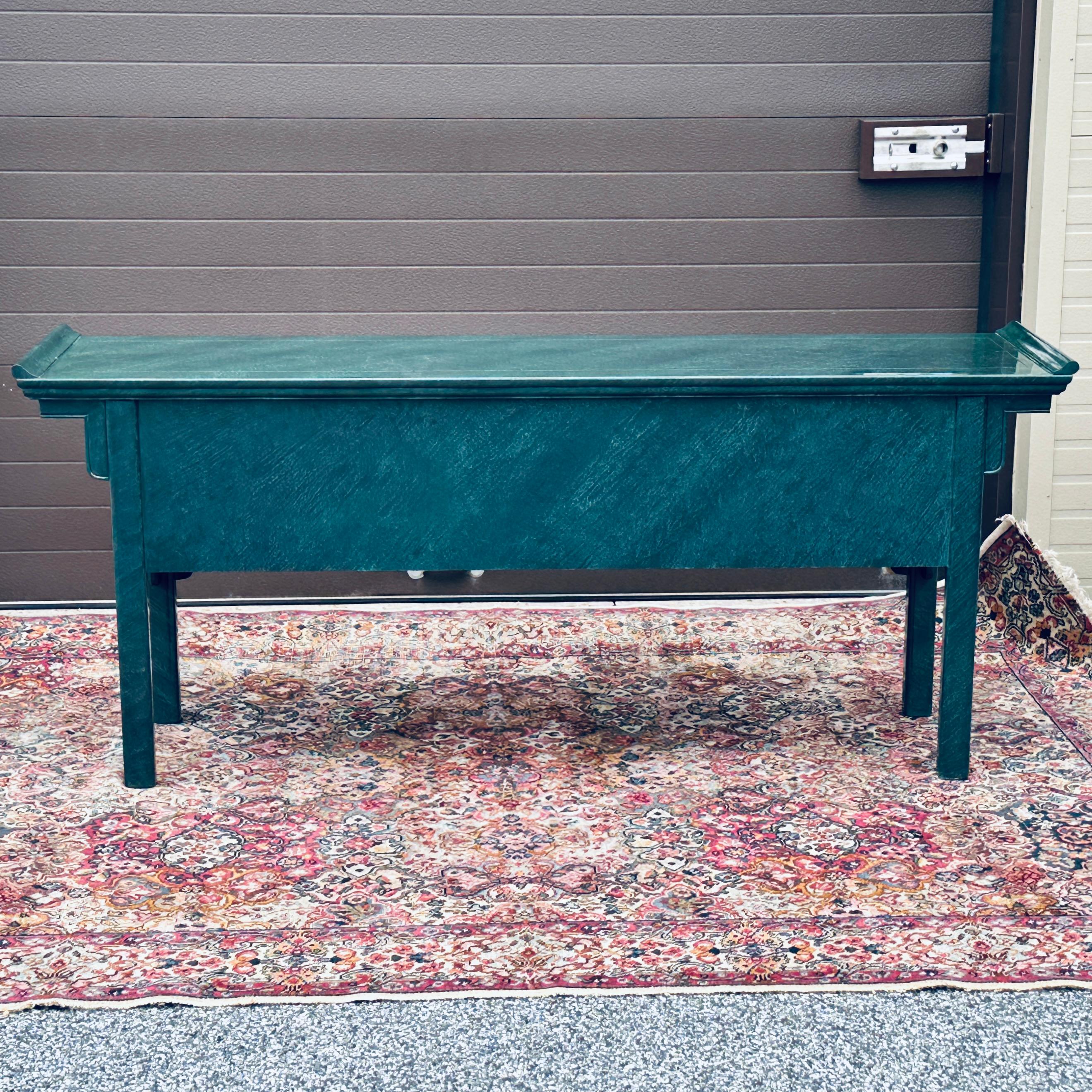 Vintage Faux Malachite Asian Pagoda Console Table With Mirror Set For Sale 5