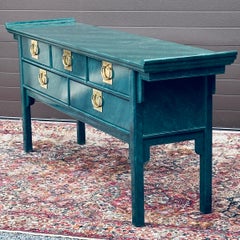 Vintage Faux Malachite Asian Pagoda Console Table With Mirror Set