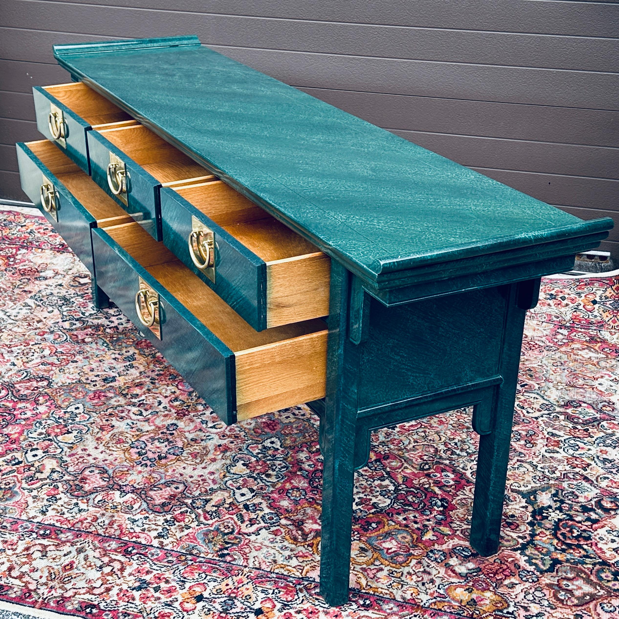 Chinoiserie Vintage Faux Malachite Asian Pagoda Console Table With Mirror Set For Sale