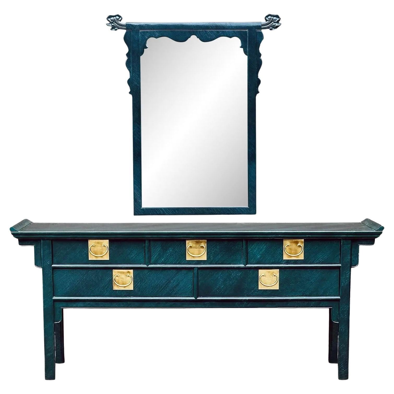 Vintage Faux Malachite Asian Pagoda Console Table With Mirror Set For Sale