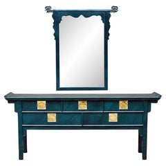 Vintage Faux Malachite Asian Pagoda Console Table With Mirror Set