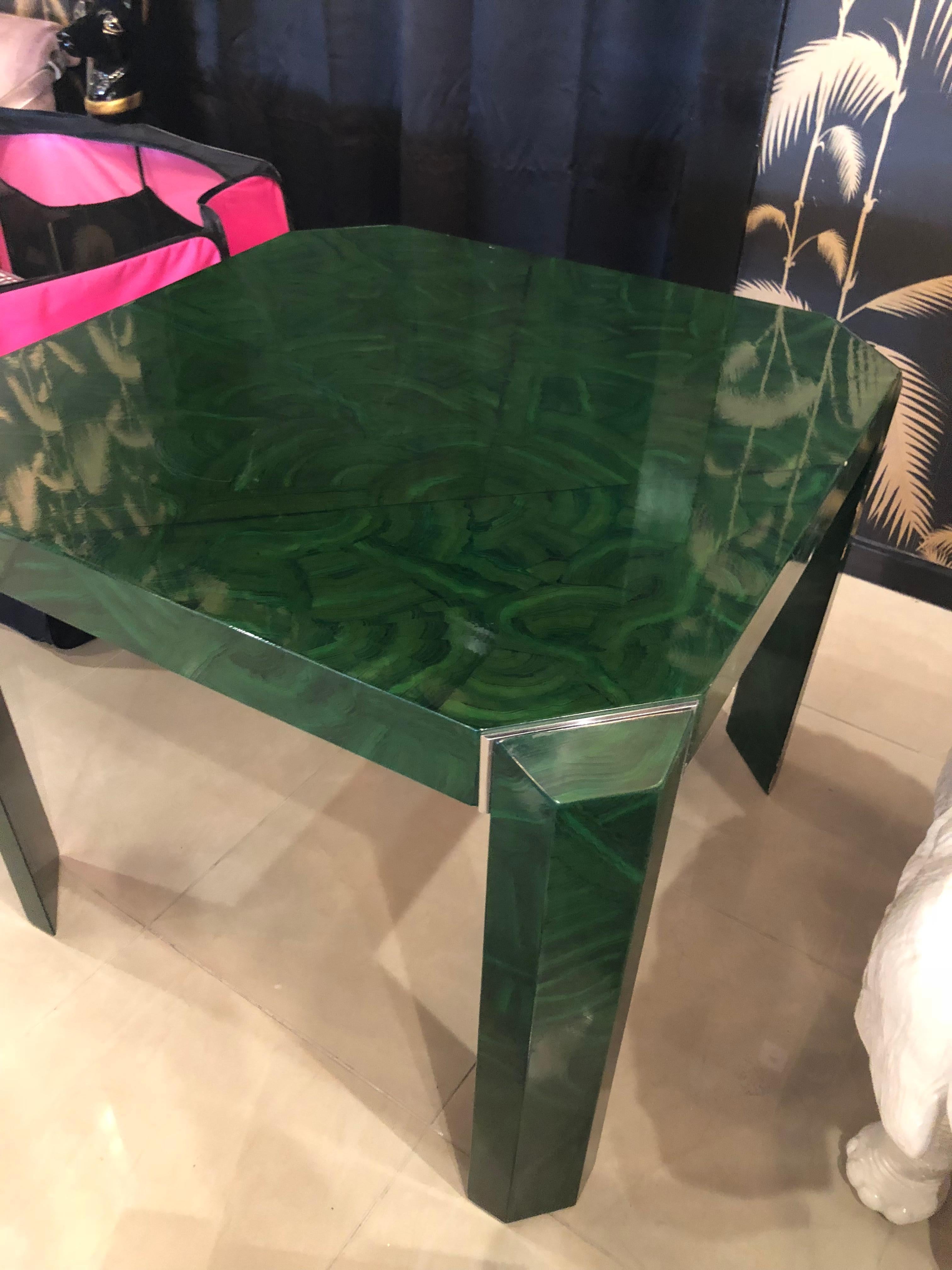 Amazing, one of a kind vintage faux Malachite painted game table with chrome accents on legs. This piece was as found. Even the legs are done in the same finish! Clear coat lacquer does have some scuffs and minor scratches.
 