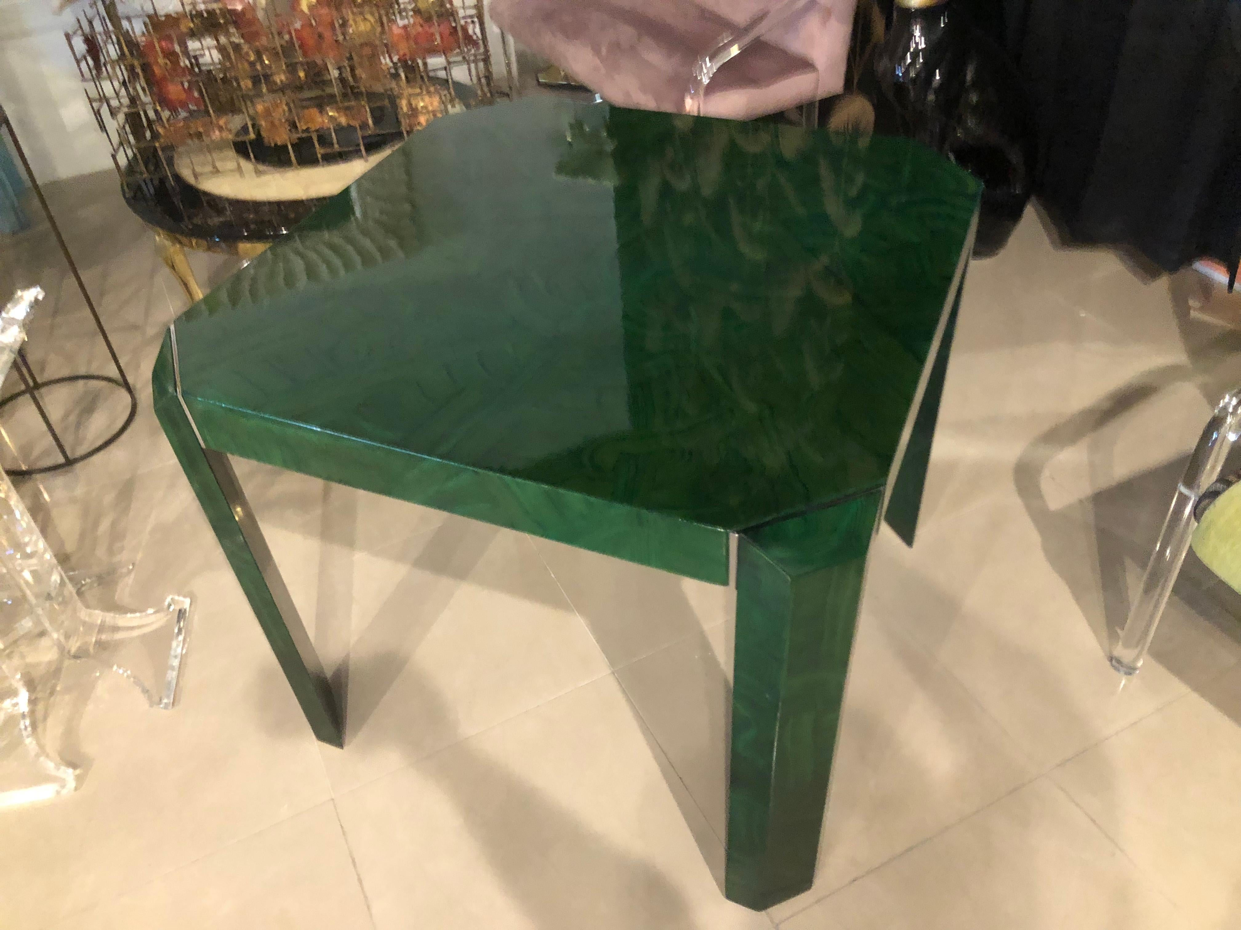 Italian Vintage Faux Malachite Game or Dining Table Chrome Accents