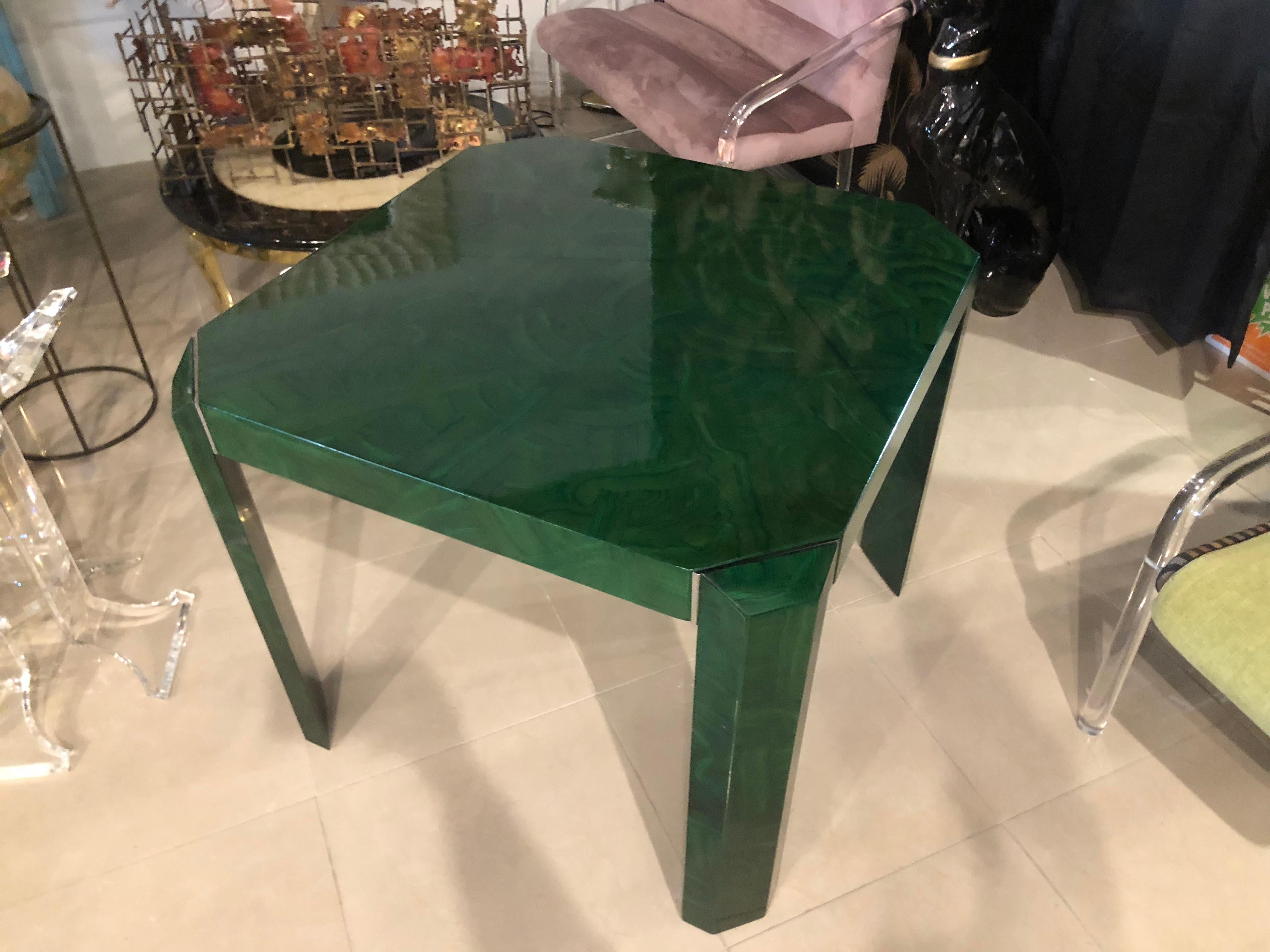 Vintage Faux Malachite Game or Dining Table Chrome Accents In Good Condition In West Palm Beach, FL