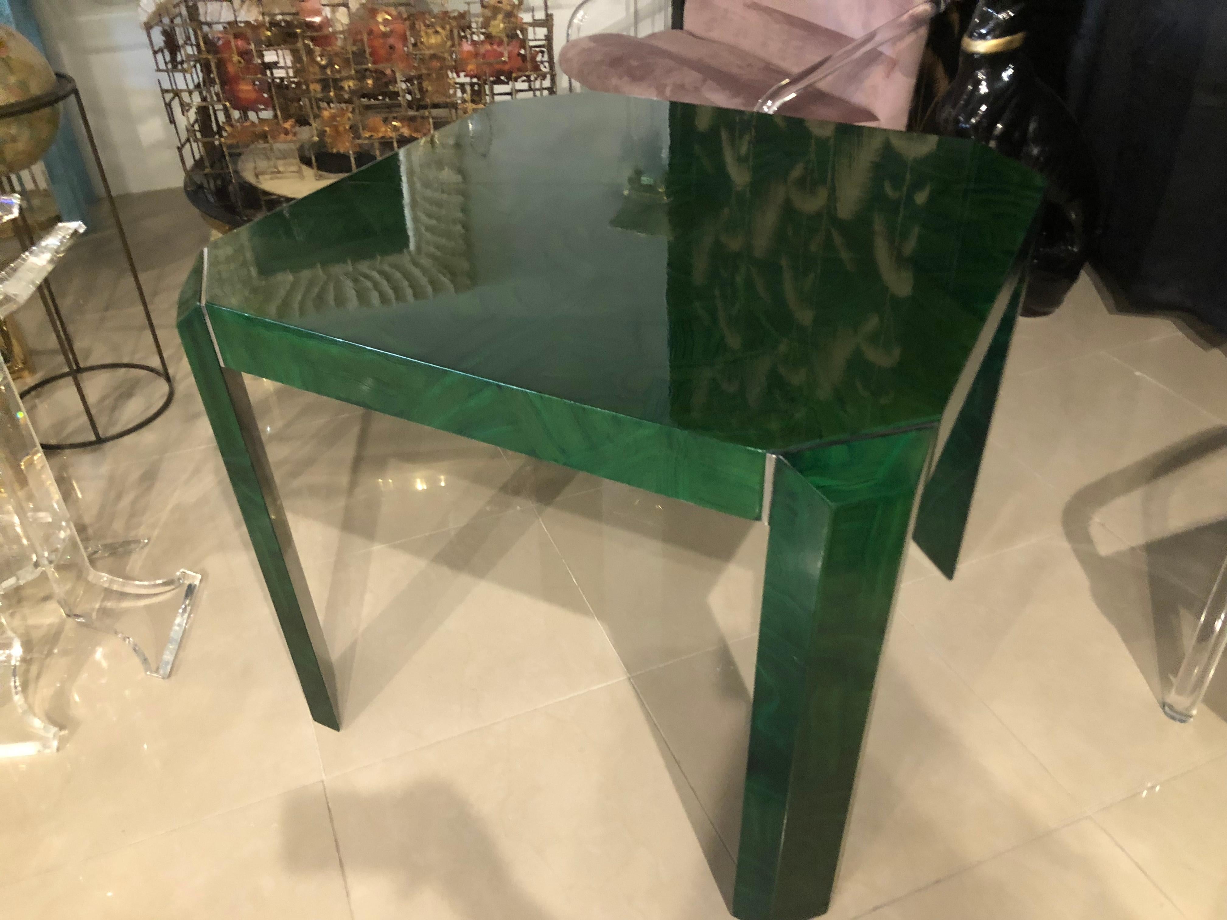 Vintage Faux Malachite Game or Dining Table Chrome Accents 1