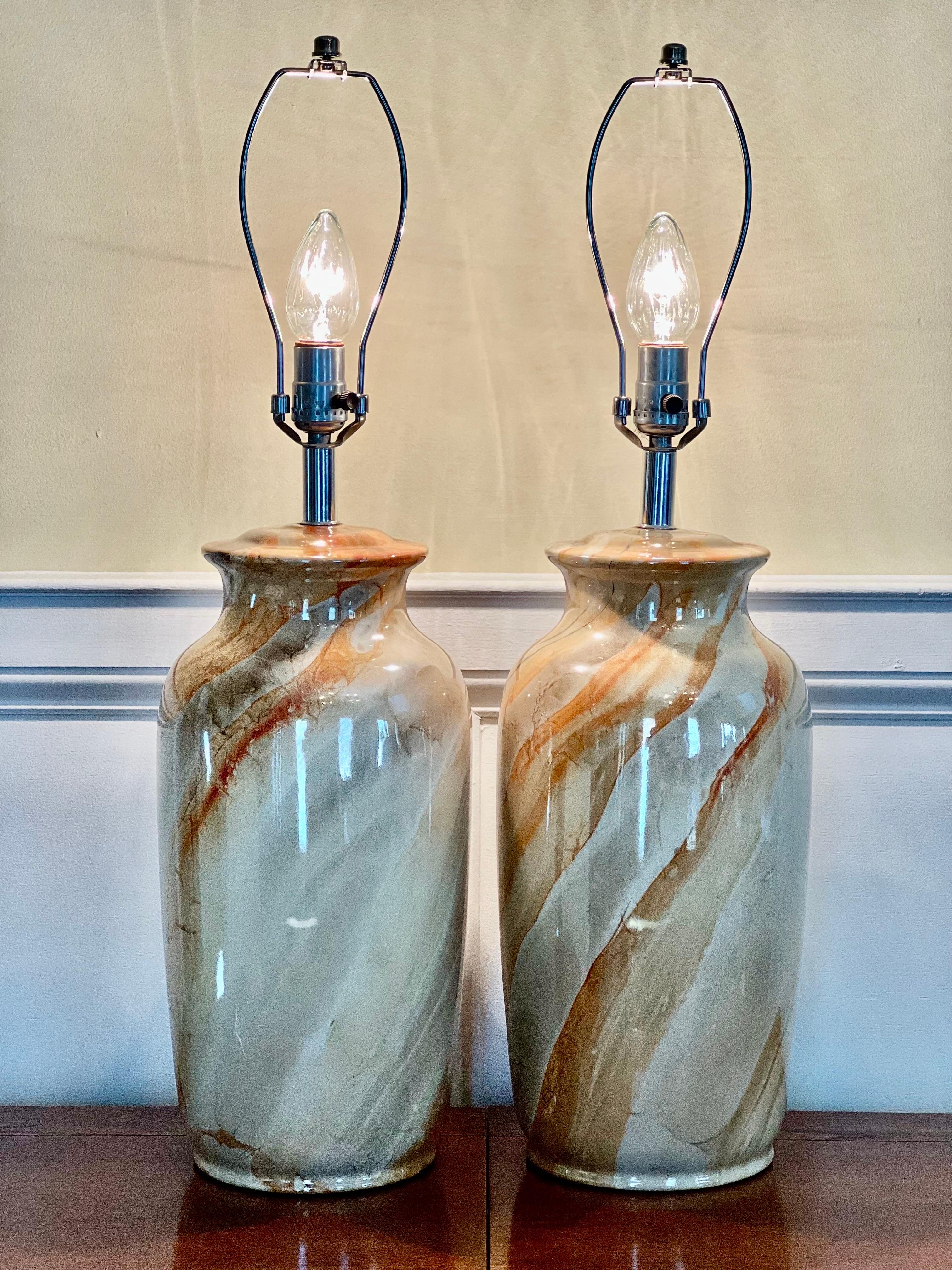 Vintage Faux Marbleized Glazed Ceramic Lamps, a Pair 6