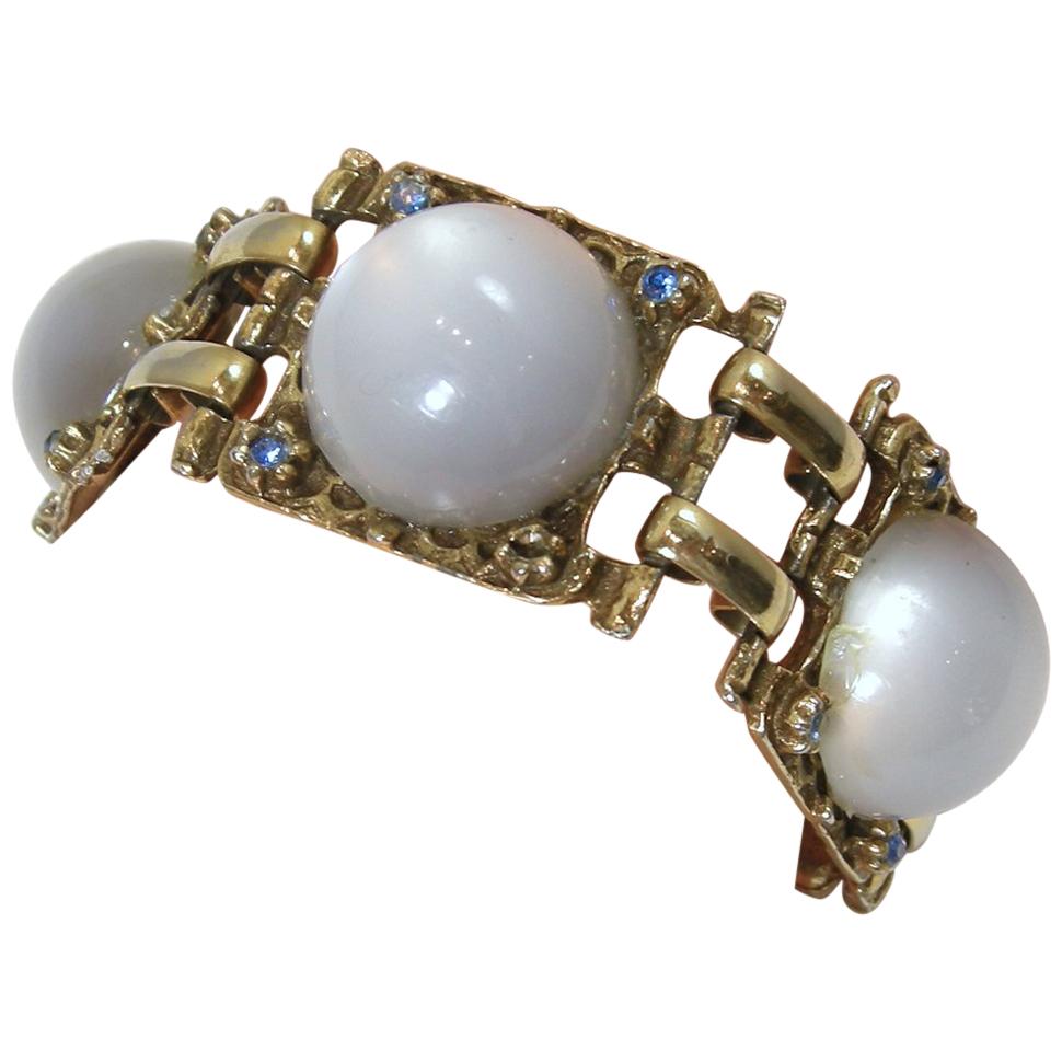 Vintage Faux Moonstone & Blue Crystals Bracelet For Sale