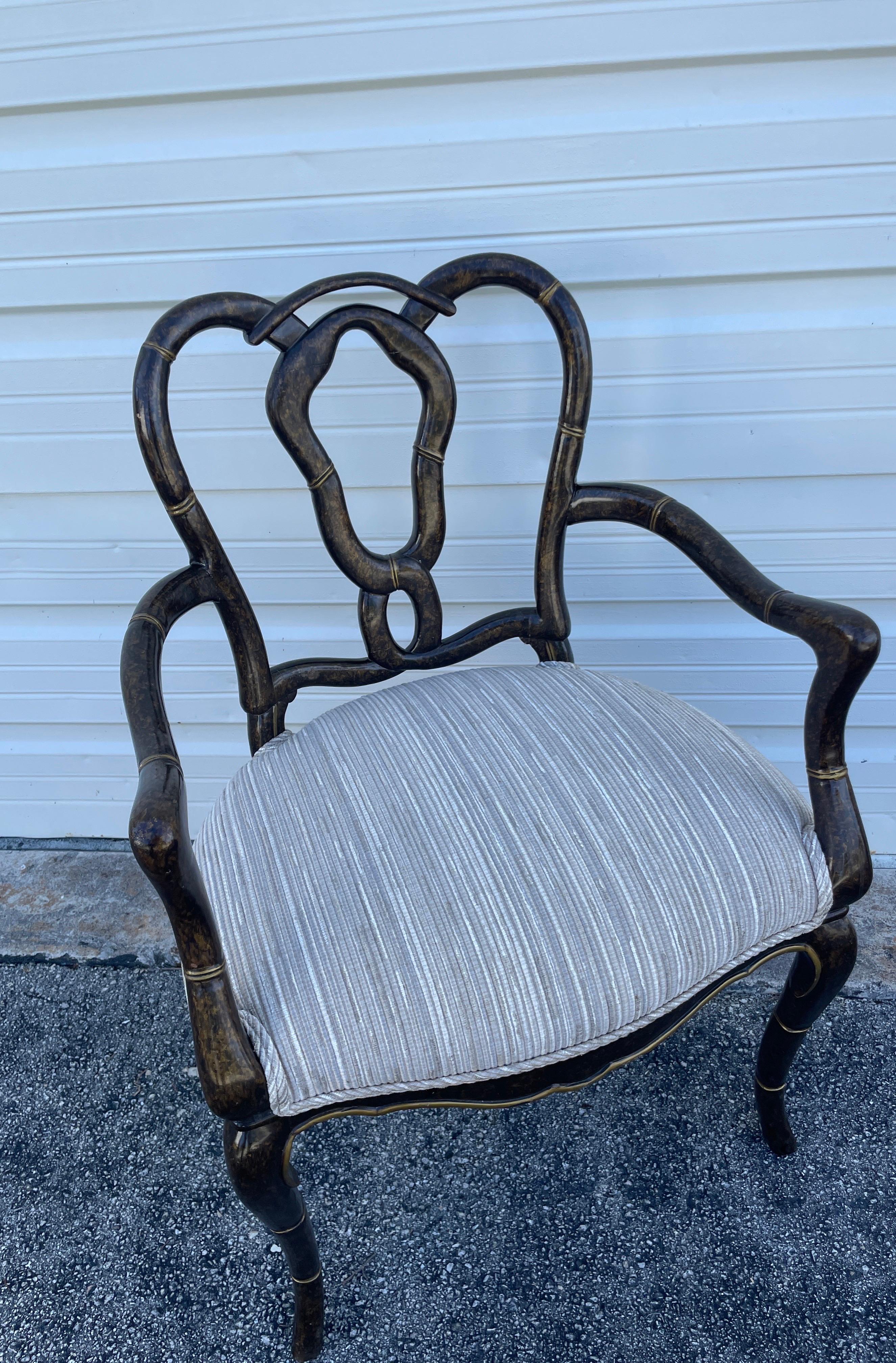 Fabric Vintage Faux Painted Tortoise Pretzel Back Armchair For Sale