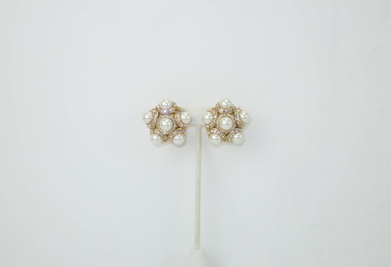 Faux Pearl and Rhinestone Vintage Clip On Earrings at 1stDibs
