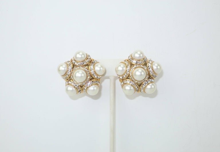 Faux Pearl and Rhinestone Vintage Clip On Earrings at 1stDibs