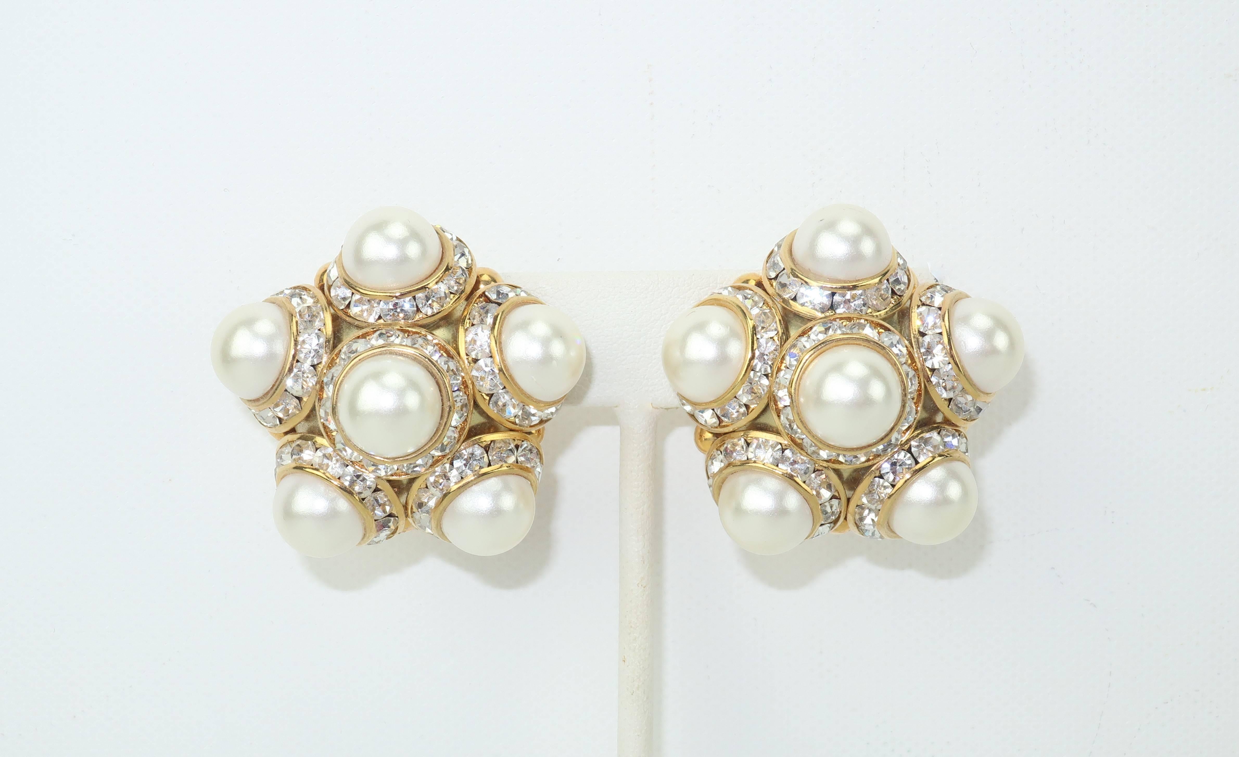 Faux Pearl and Rhinestone Vintage Clip On Earrings 1