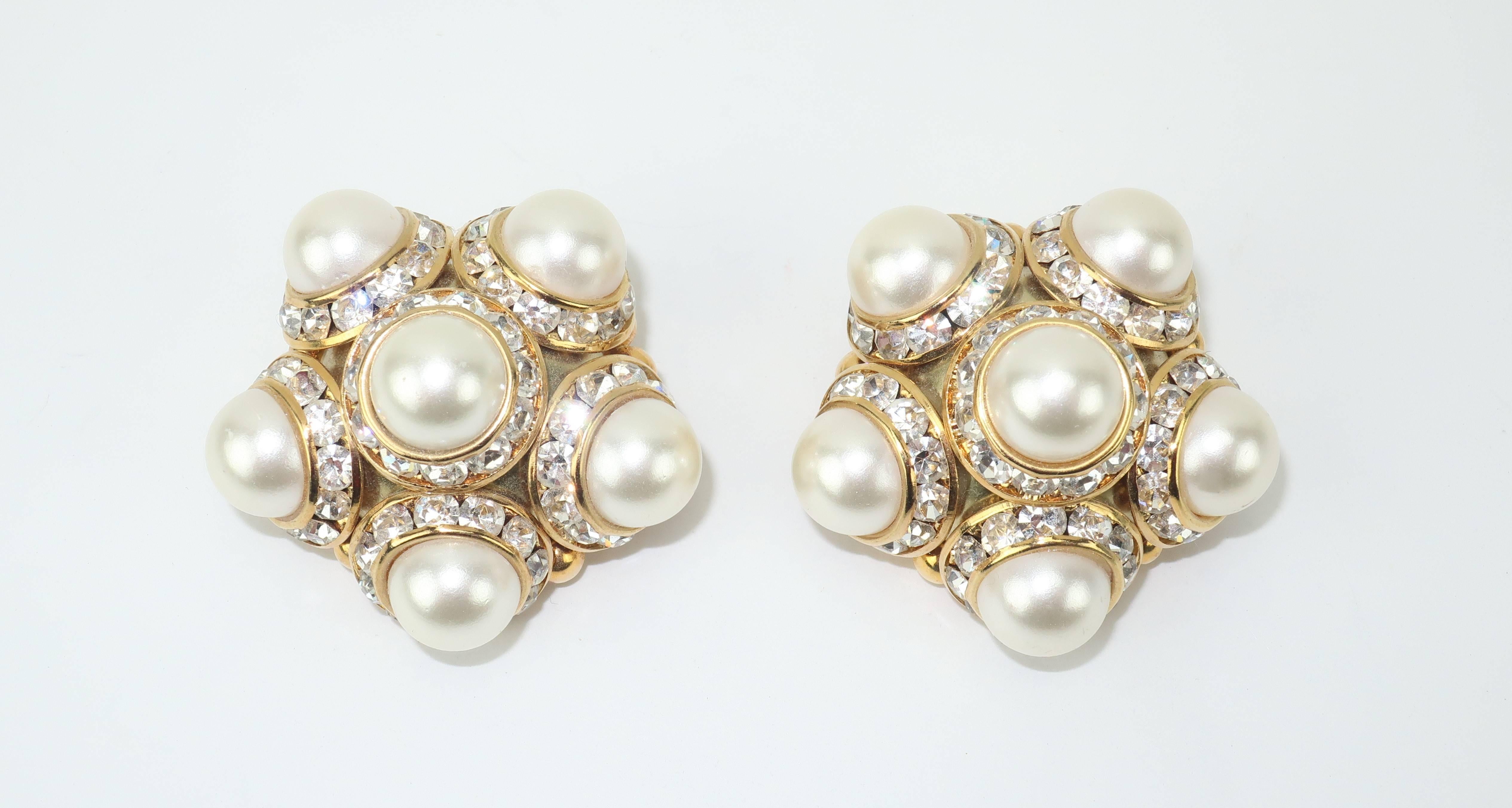 Faux Pearl and Rhinestone Vintage Clip On Earrings 3