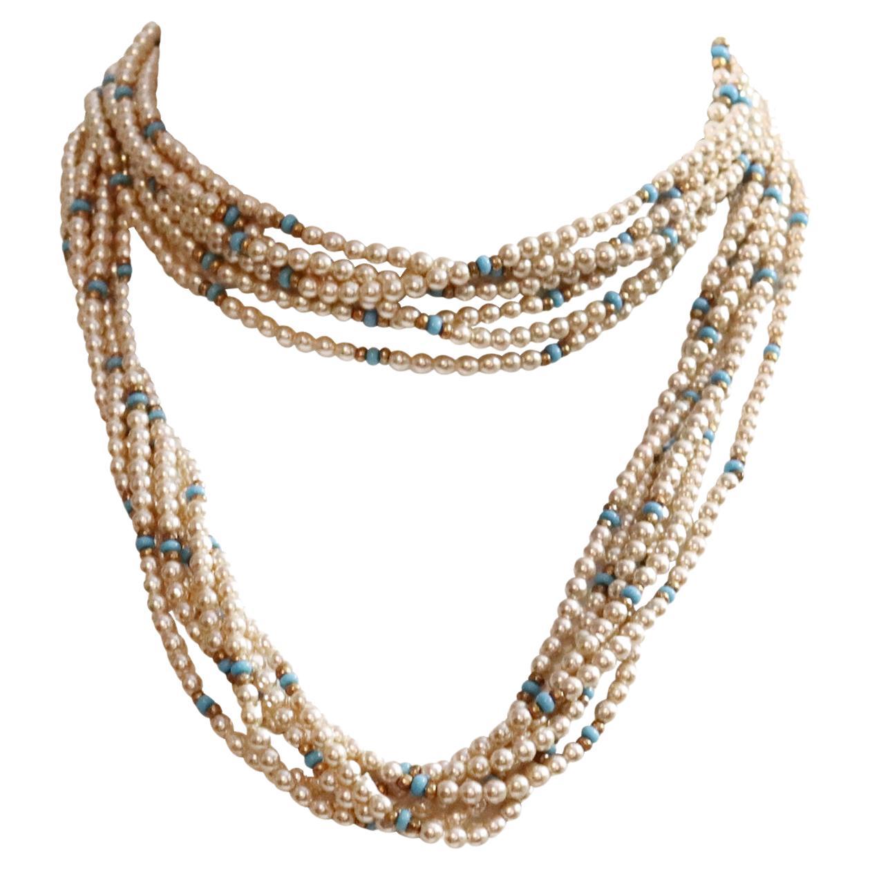 Vintage Faux Pearl and Faux Turquoise With Gold Beads Necklace Circa 1990s
