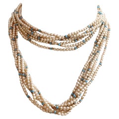 Vintage Faux Pearl and Faux Turquoise With Gold Beads Necklace Circa 1990s