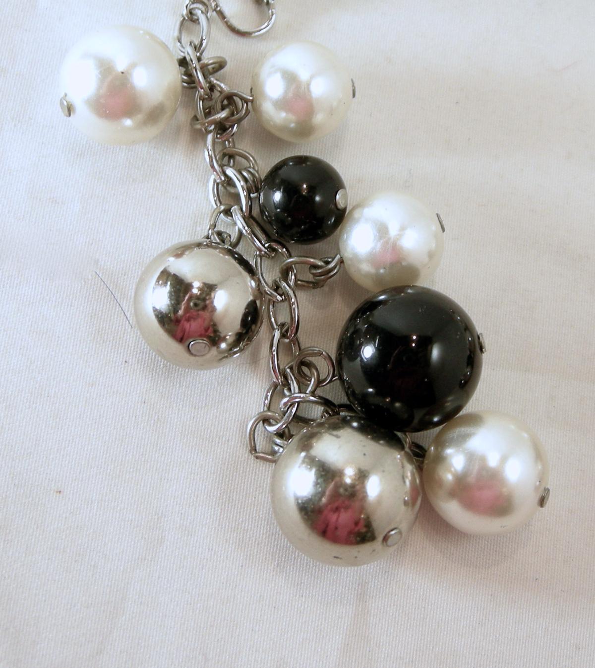 Women's or Men's Vintage Faux Pearl, Black & Silver Tone Bead Drop Earrings For Sale