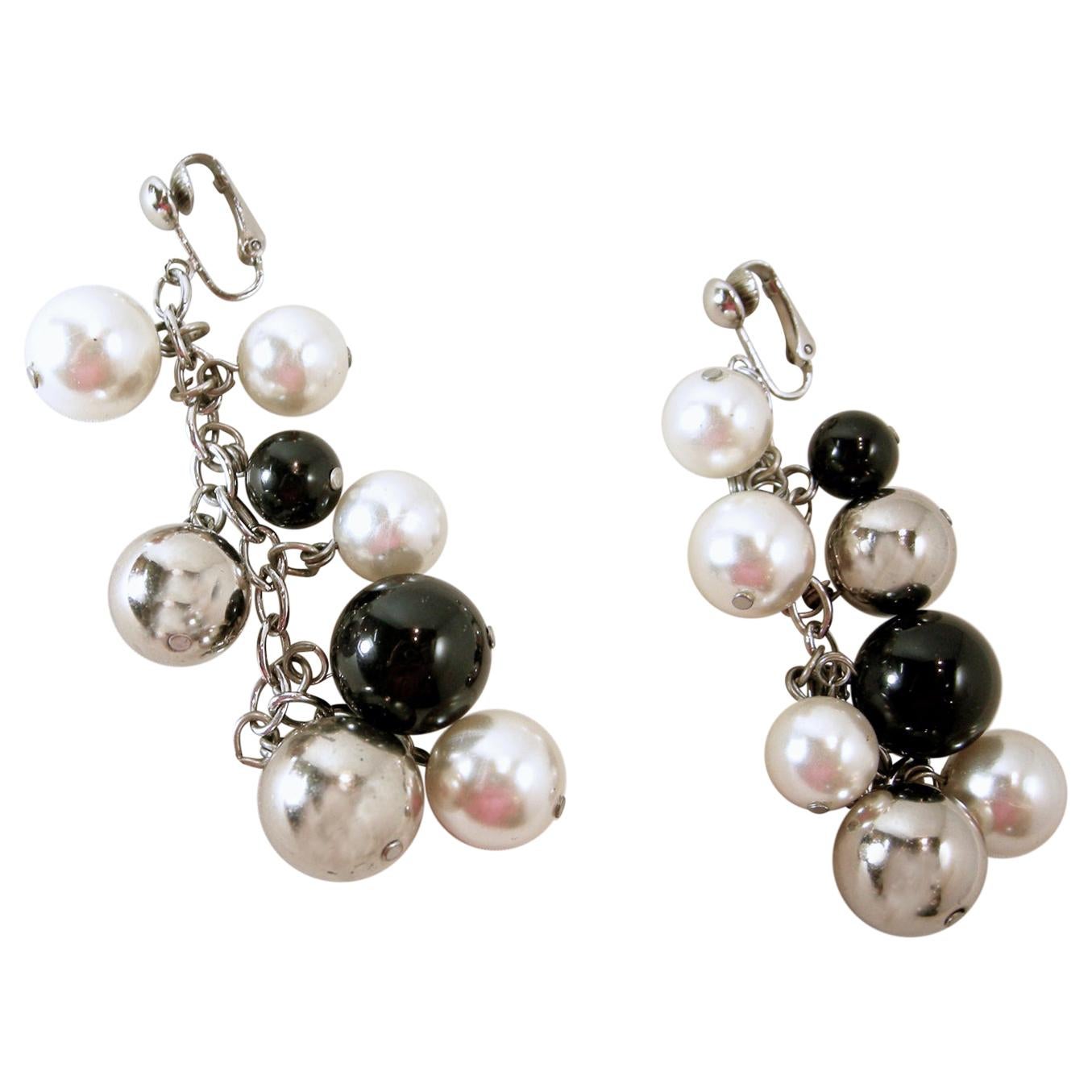 Vintage Faux Pearl, Black & Silver Tone Bead Drop Earrings For Sale