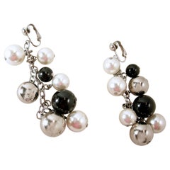 Vintage Faux Pearl, Black 
Silver Tone Bead Drop Earrings