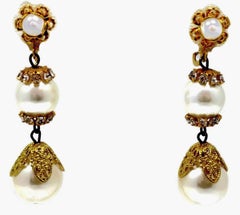 Vintage Faux Pearl & Crystal Dangling Earrings