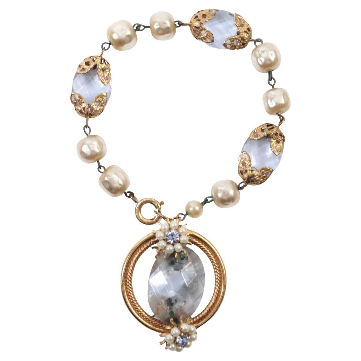 Vintage Faux Pearl Dangling Bracelet  With Lavender Crystal Pieces Circa 1960s