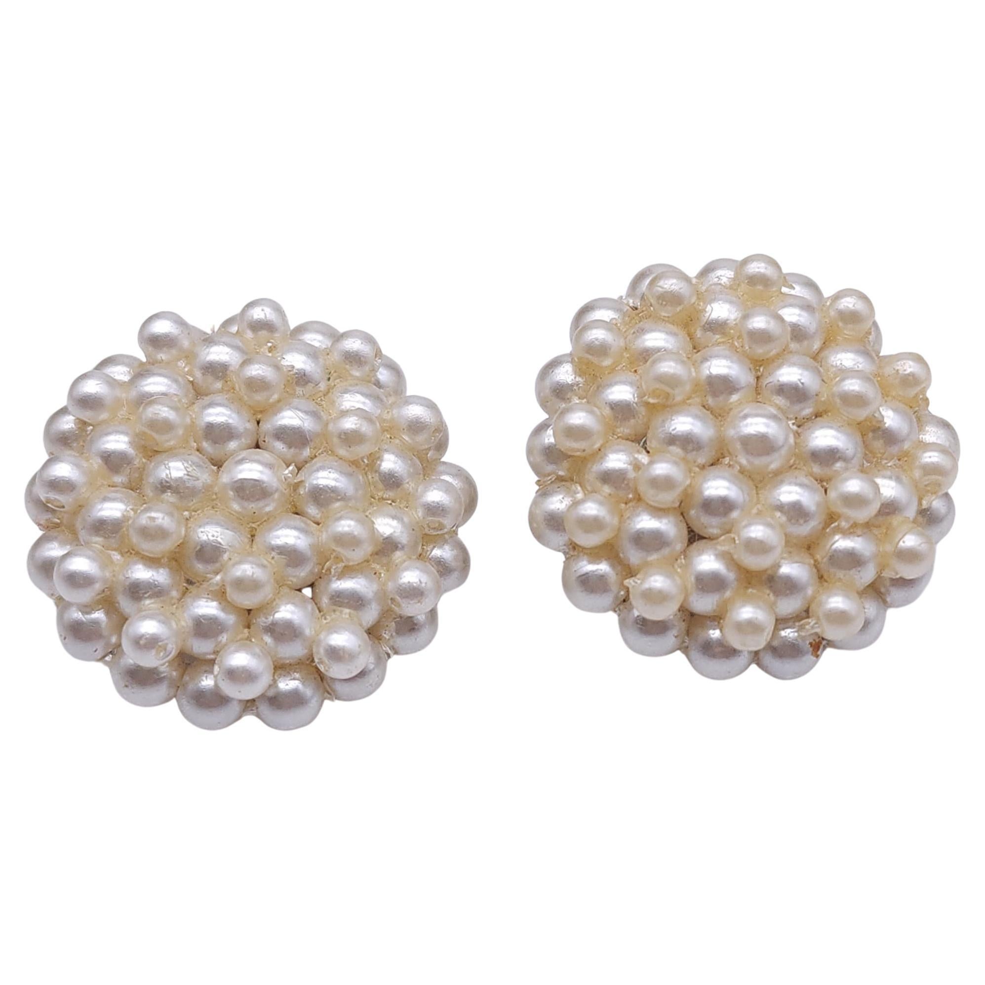 Vintage Faux Pearl Domed Clip-On Earrings In Silver, Classic Cluster Design For Sale