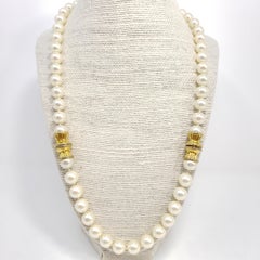 Vintage Faux Pearl Necklace, Gold Accents, Mid 1900s, 22 Inches