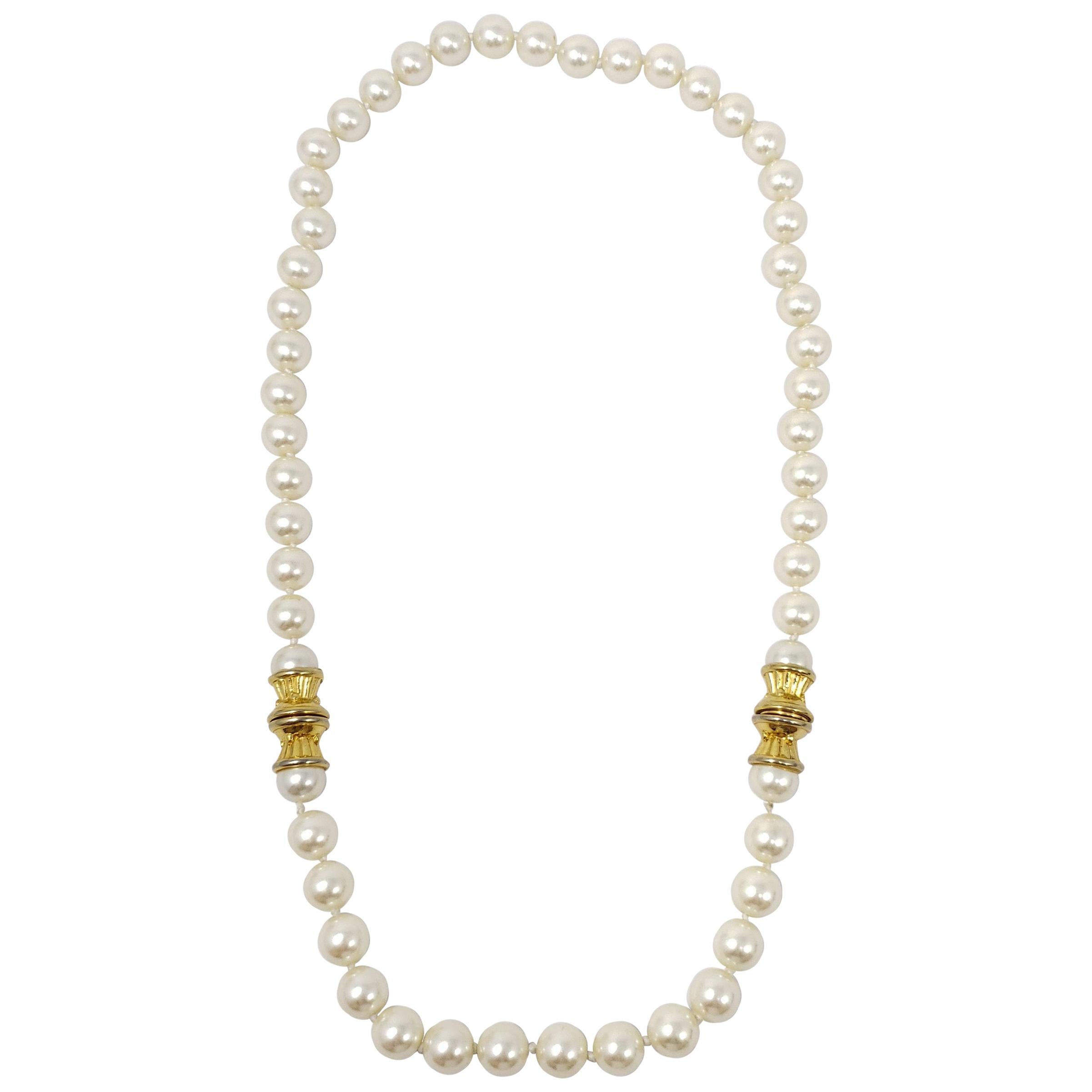 Vintage Faux Pearl Necklace, Gold Accents, Mid 1900s, 22 Inches For Sale