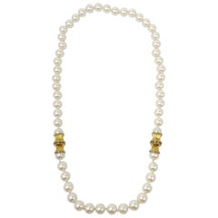 Vintage Faux Pearl Necklace, Gold Accents, Mid 1900s, 22 Inches