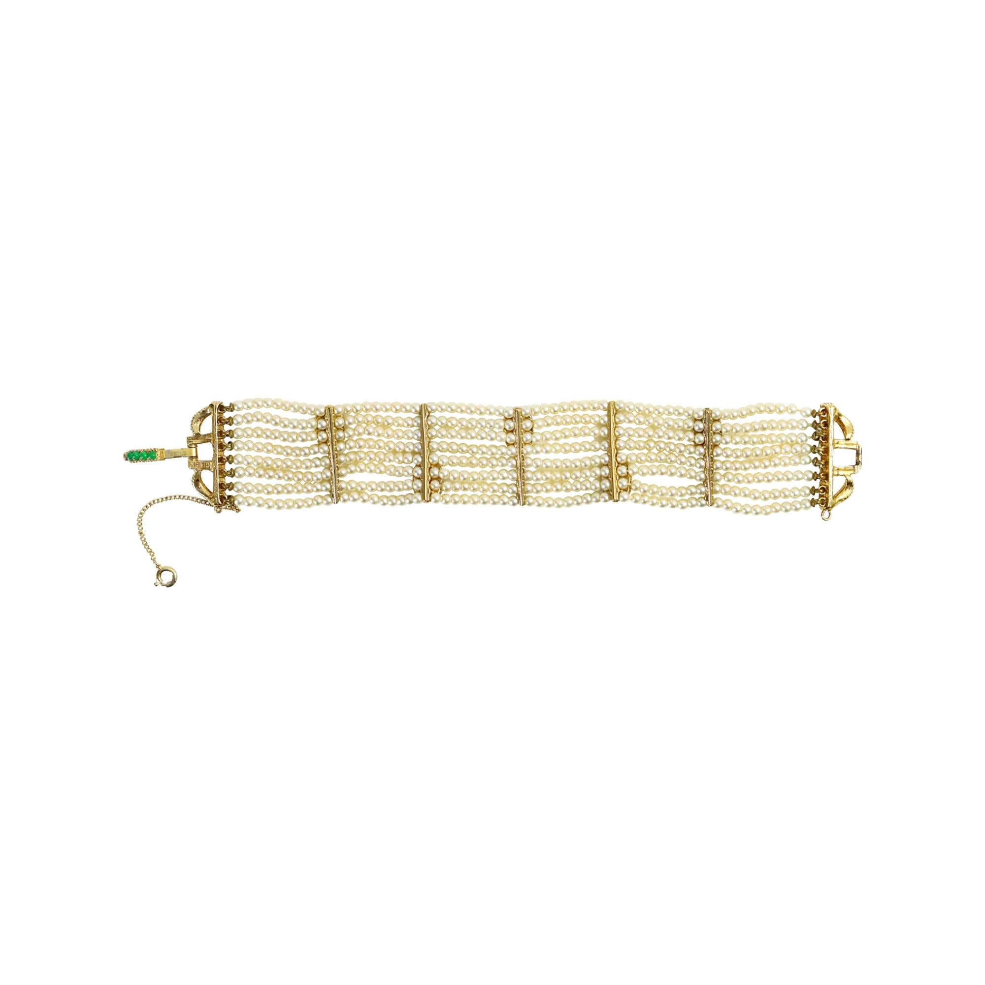 Perla finta vintage con accenti in oro e perline verdi  Bracciale circa anni '80 in vendita 3