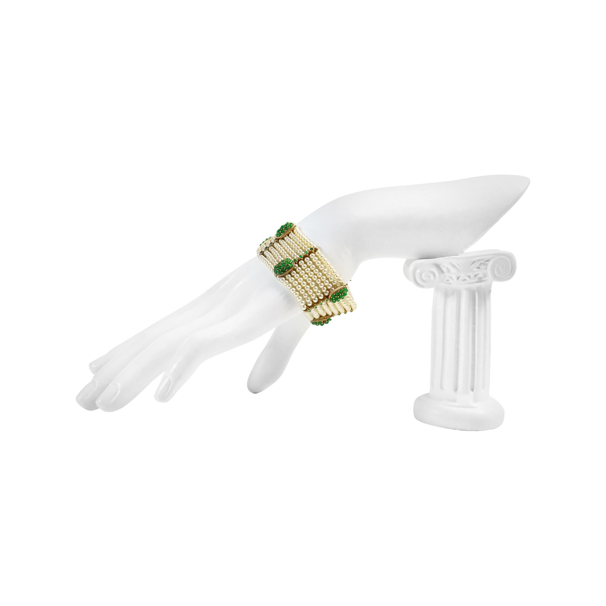 da uomo o donna Perla finta vintage con accenti in oro e perline verdi  Bracciale circa anni '80 in vendita