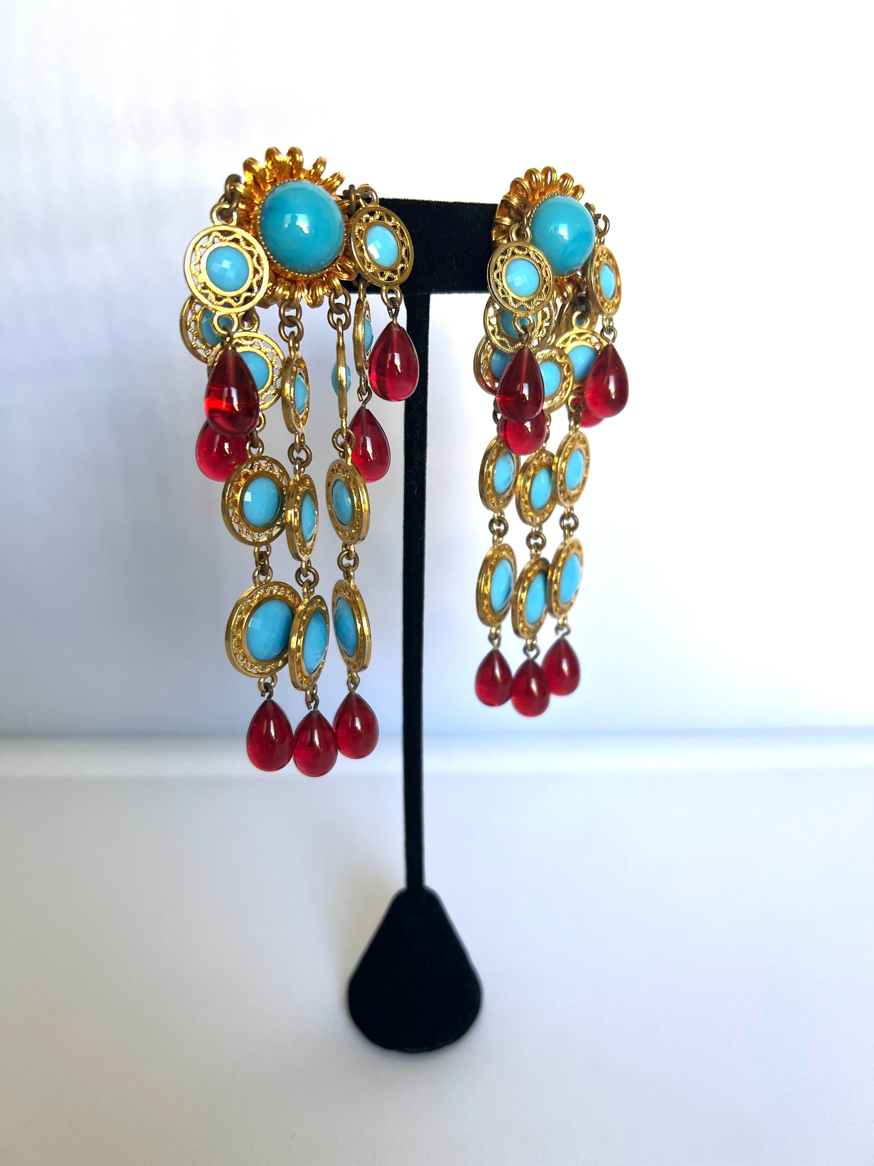 Artisan Vintage Faux Ruby and Turquoise Chandelier Earrings by William de Lillo  For Sale
