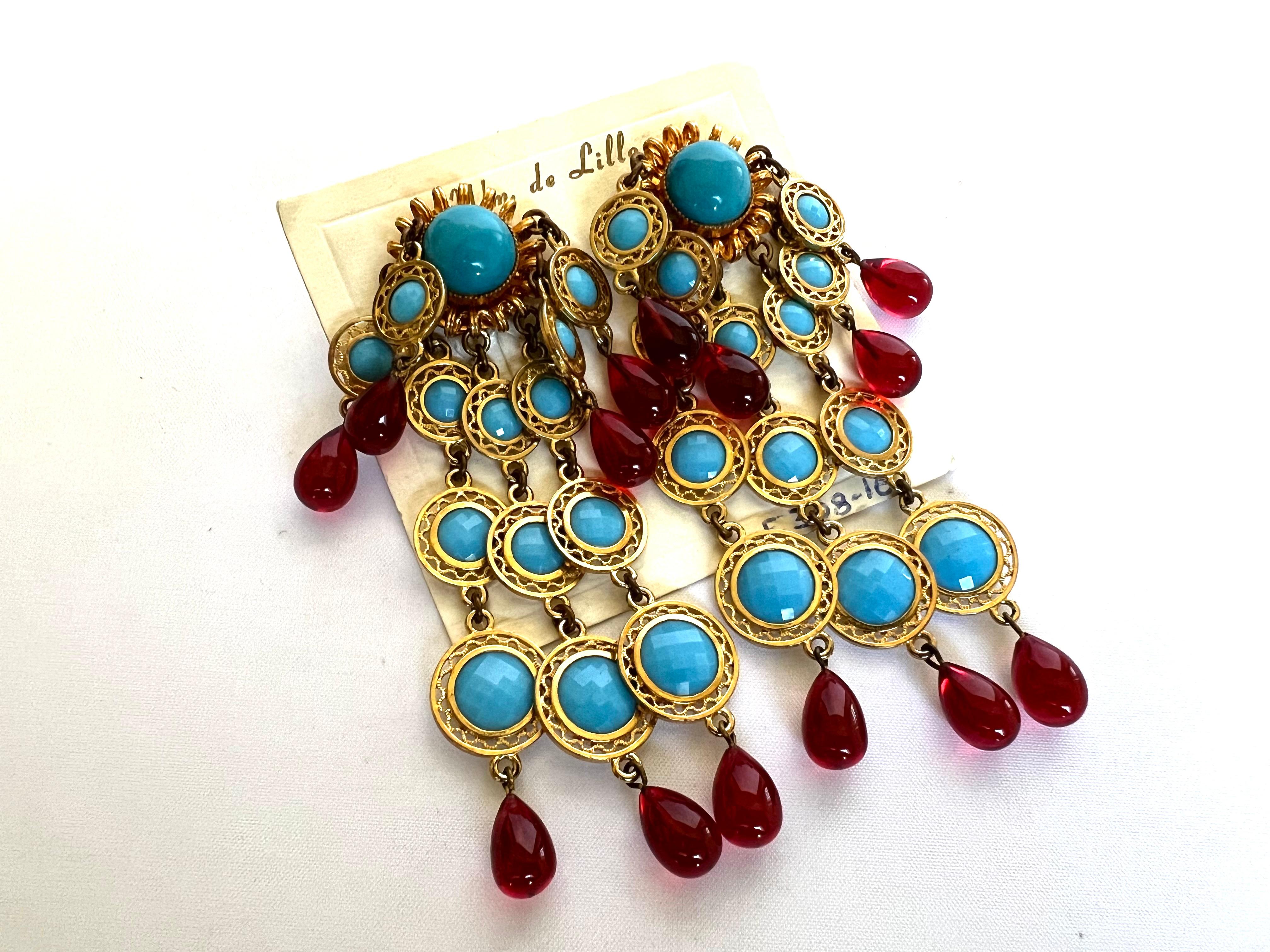 Vintage Faux Ruby and Turquoise Chandelier Earrings by William de Lillo  In Excellent Condition For Sale In Palm Springs, CA