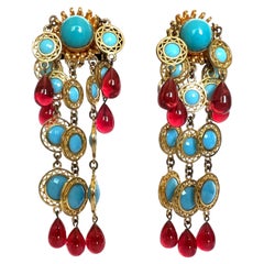 Vintage Faux Ruby and Turquoise Chandelier Earrings by William de Lillo 