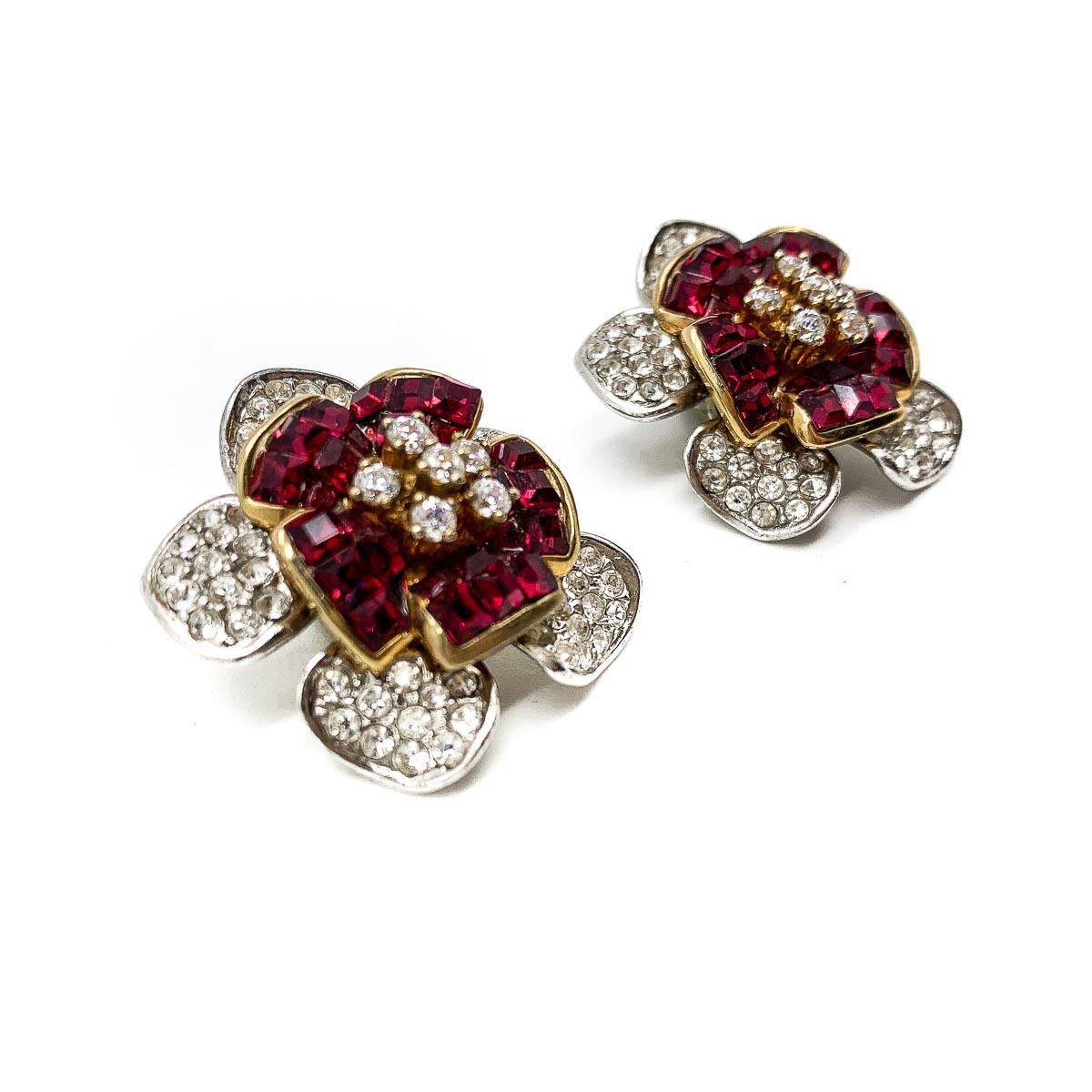 Vintage Faux Ruby & Diamond Crystal Flower Earrings 1990s In Good Condition In Wilmslow, GB