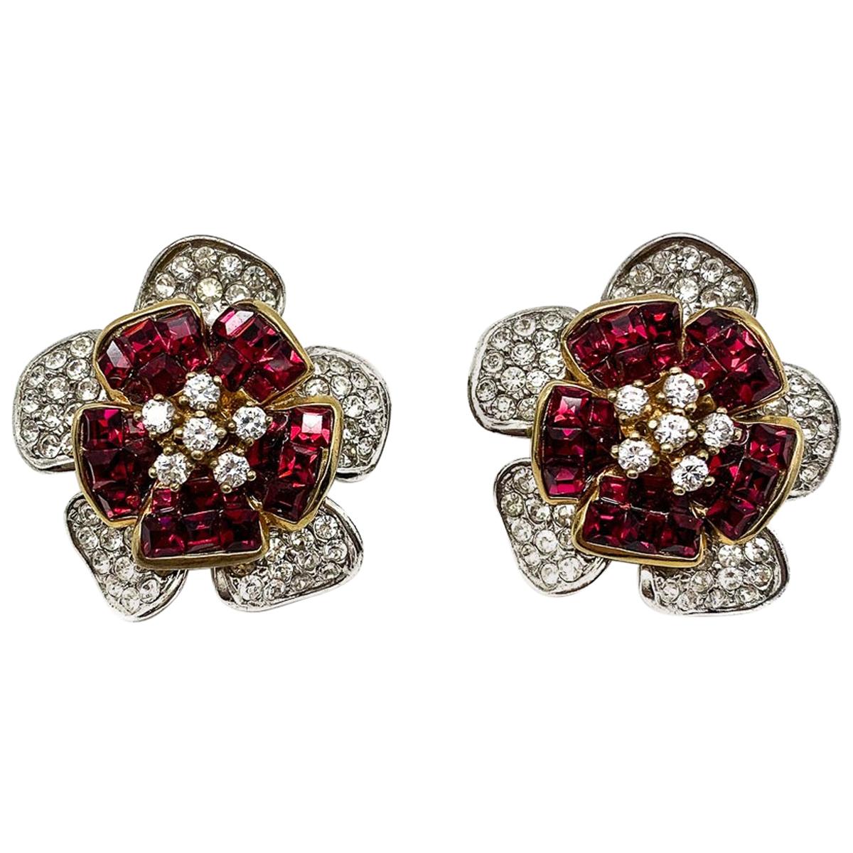 Vintage Faux Ruby & Diamond Crystal Flower Earrings 1990s