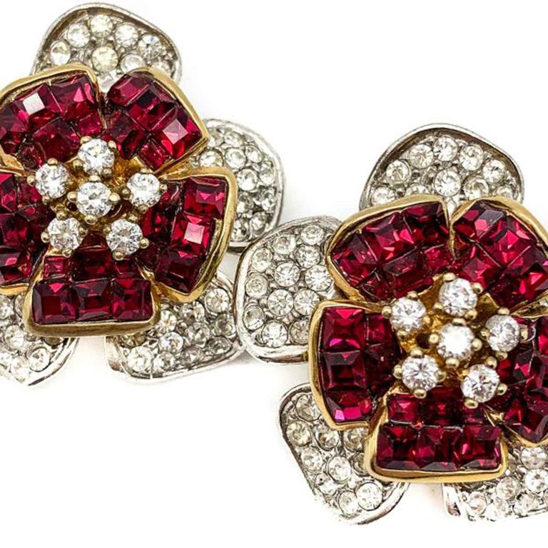 Women's Vintage Faux Ruby & Diamond Crystal Flower Earrings In Silver 1990s