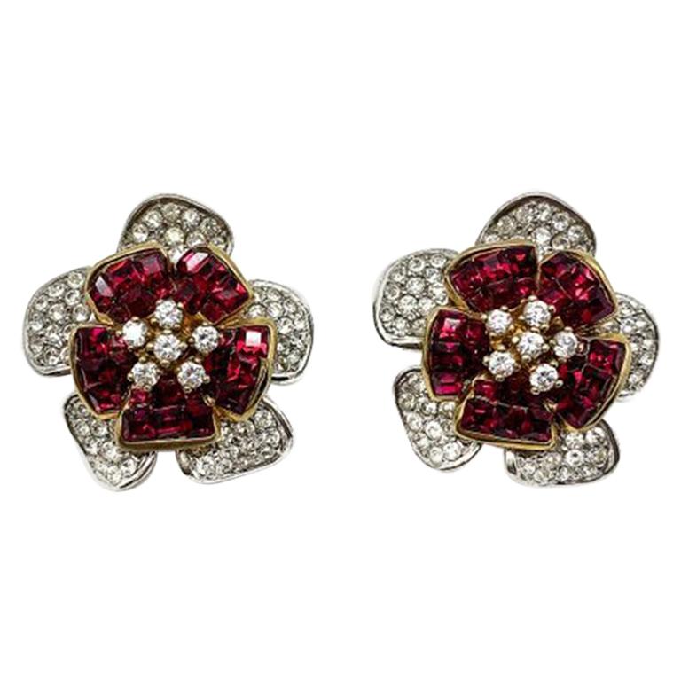 Vintage Faux Ruby & Diamond Crystal Flower Earrings In Silver 1990s