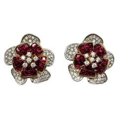 Vintage Faux Ruby 
Diamond Crystal Flower Earrings In Silver 1990s