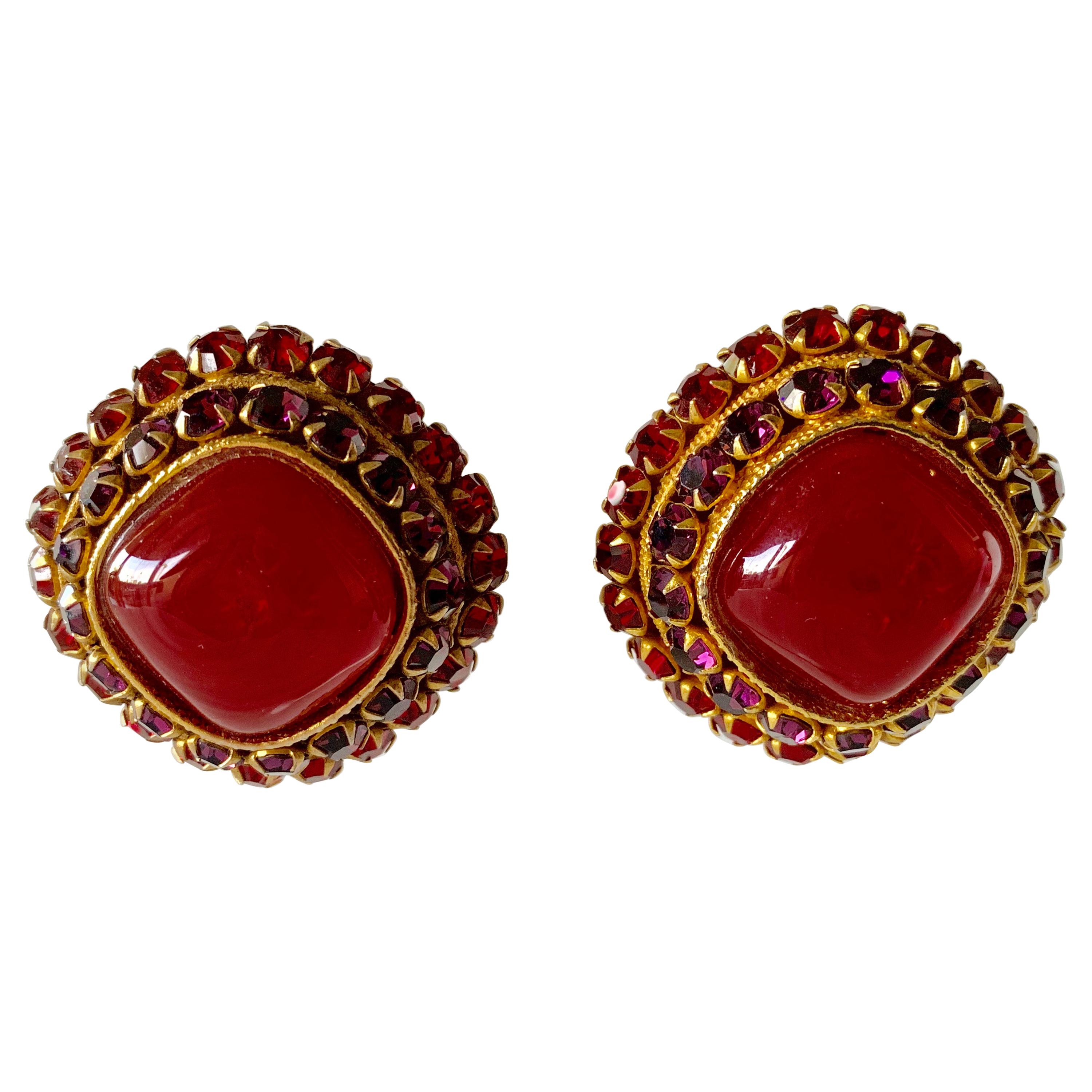Vintage Faux Ruby French Designer Gilt Earrings