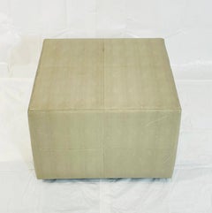 Vintage Faux Shagreen Upholstered Cube Ottoman Bench on Wood Plinth